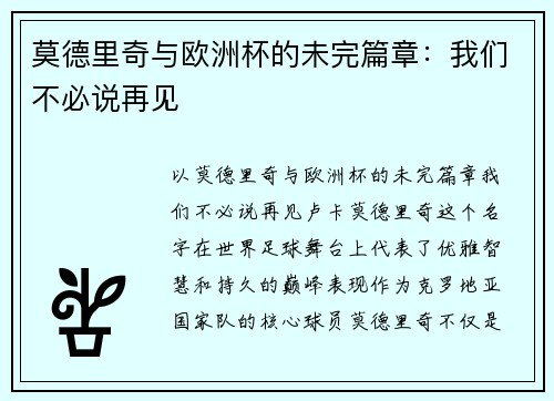 莫德里奇与欧洲杯的未完篇章：我们不必说再见