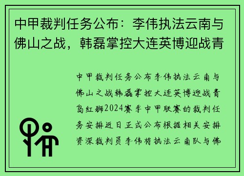 中甲裁判任务公布：李伟执法云南与佛山之战，韩磊掌控大连英博迎战青岛红狮