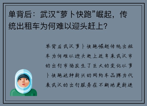 单背后：武汉“萝卜快跑”崛起，传统出租车为何难以迎头赶上？