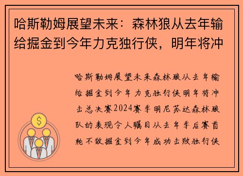 哈斯勒姆展望未来：森林狼从去年输给掘金到今年力克独行侠，明年将冲击总决赛！