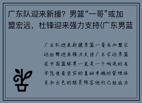 广东队迎来新援？男篮“一哥”或加盟宏远，杜锋迎来强力支持(广东男蓝新外援)