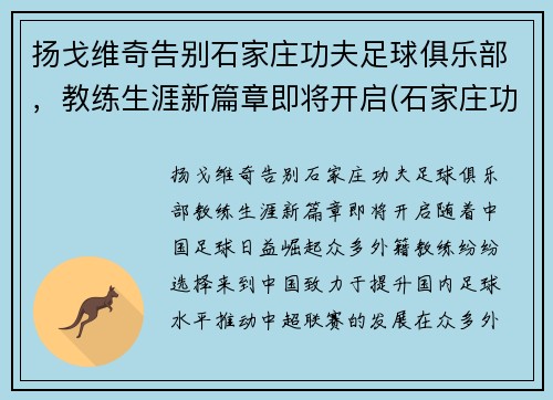 扬戈维奇告别石家庄功夫足球俱乐部，教练生涯新篇章即将开启(石家庄功夫足球队)