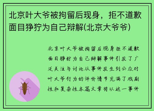 北京叶大爷被拘留后现身，拒不道歉面目狰狞为自己辩解(北京大爷爷)