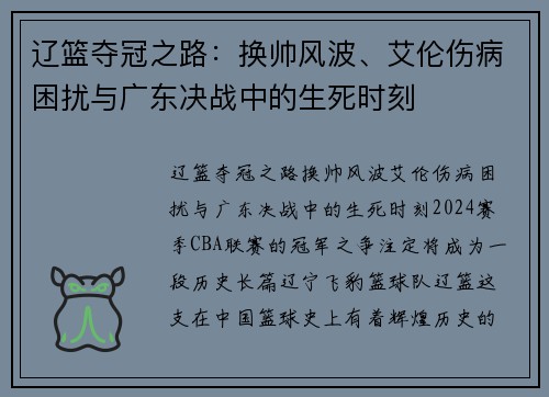 辽篮夺冠之路：换帅风波、艾伦伤病困扰与广东决战中的生死时刻