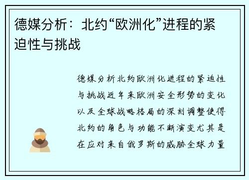 德媒分析：北约“欧洲化”进程的紧迫性与挑战