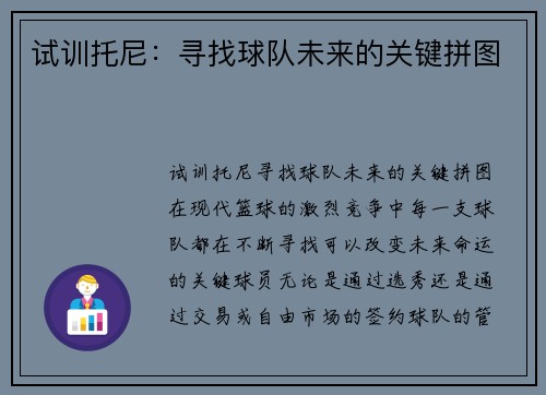 试训托尼：寻找球队未来的关键拼图