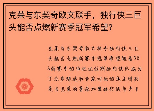 克莱与东契奇欧文联手，独行侠三巨头能否点燃新赛季冠军希望？
